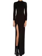 Romwe Polo Neck High Slit Open Back Black Dress