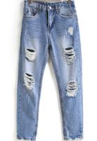 Romwe Blue Bleached Ripped Pockets Denim Pant