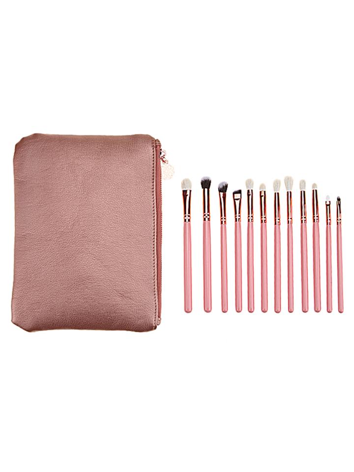 Romwe 12pcs Pink Professional Makeup Brush Set With Rose Gold Bag