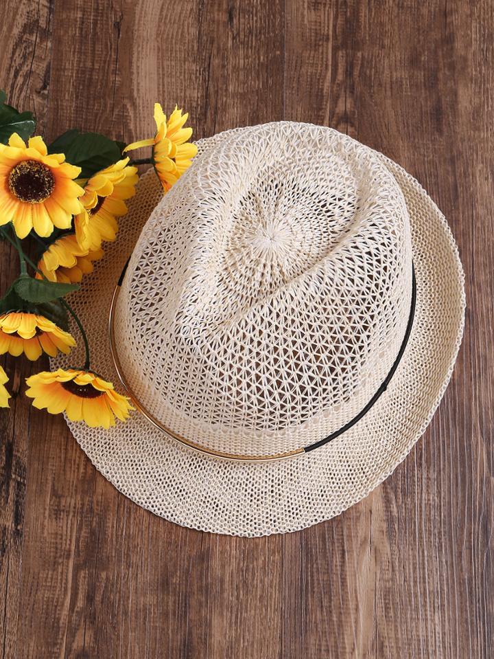 Romwe Metal Band Straw Trilby Hat