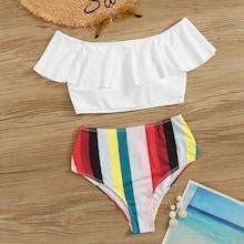 Romwe Random Print Flounce Bardot Top With High Waist Bikini Set