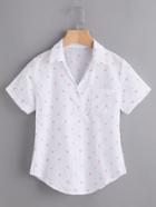 Romwe Polka Dot Curved Hem Button Placket Blouse With Chest Pocket