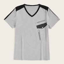 Romwe Guys Contrast Panel Zip Pattern Tee
