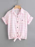 Romwe Checkered Knotted Hem Cuffed Shirt With Chest Pocket