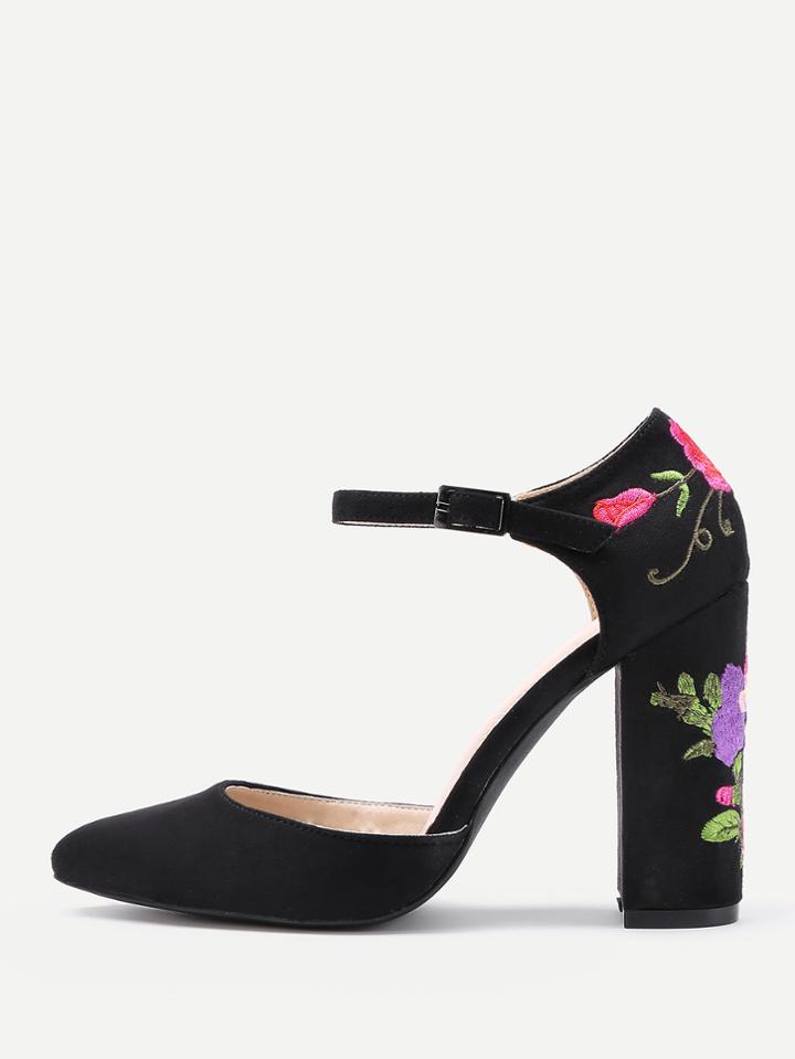 Romwe Flower Embroidery Ankle Strap Heels
