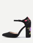 Romwe Flower Embroidery Ankle Strap Heels
