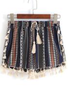 Romwe Drawstring Tribal Print Tassel Shorts