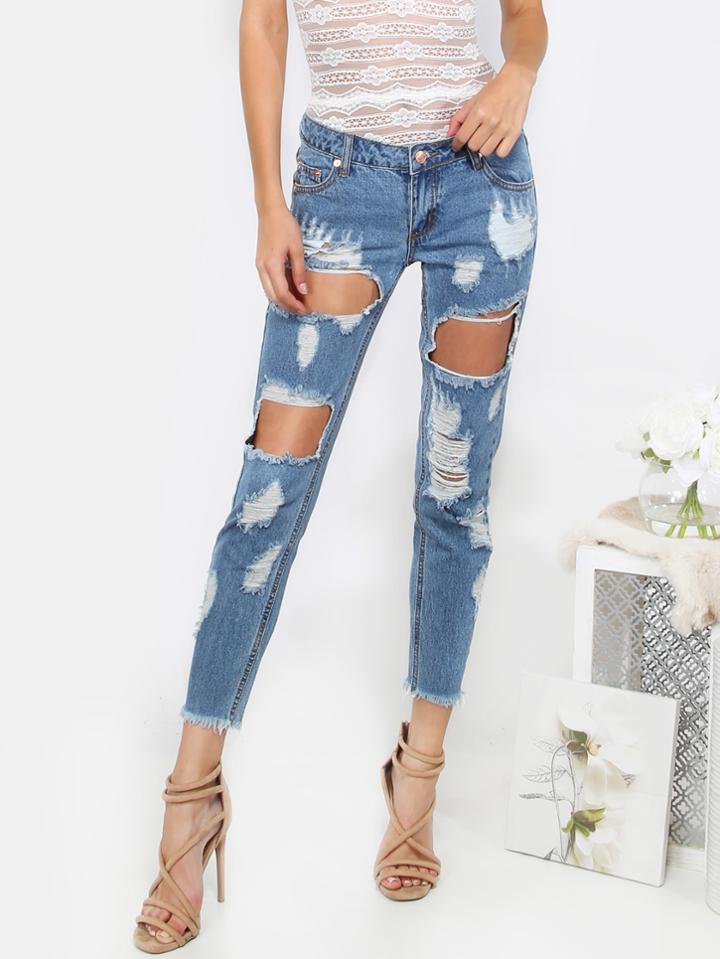 Romwe Blue Cut Out Cropped Denim Pants