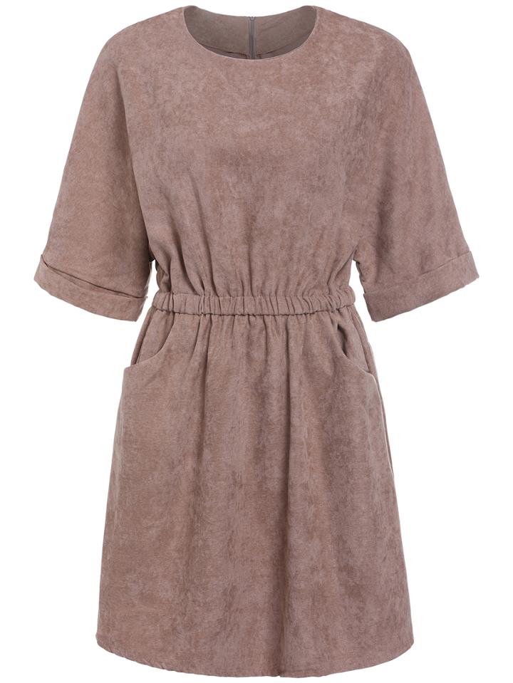 Romwe Half Sleeve Elastic Waist Khaki Dress