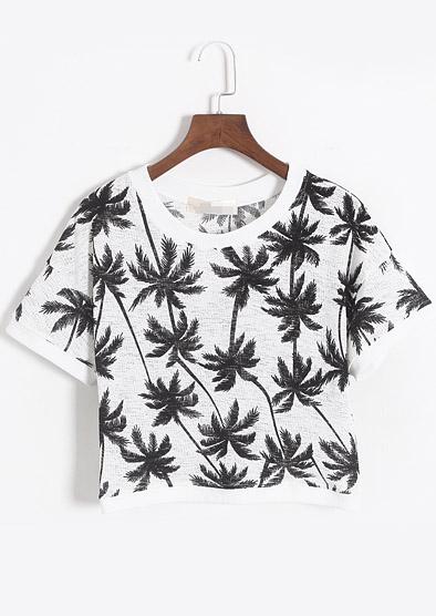 Romwe Coconut Trees Print Crop White T-shirt