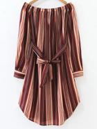 Romwe Multicolor Vertical Striped Off The Shoulder Dress With Tie