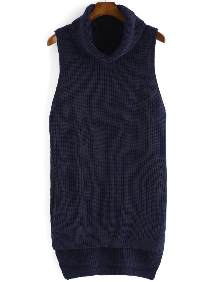 Romwe Turtleneck High Low Blue Sweater Vest