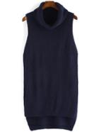 Romwe Turtleneck High Low Blue Sweater Vest