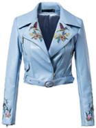 Romwe Blue Lapel Flower Embroidery Zipper Crop Jacket