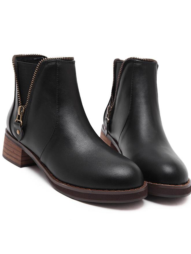 Romwe Black Round Toe Zipper Pu Boots