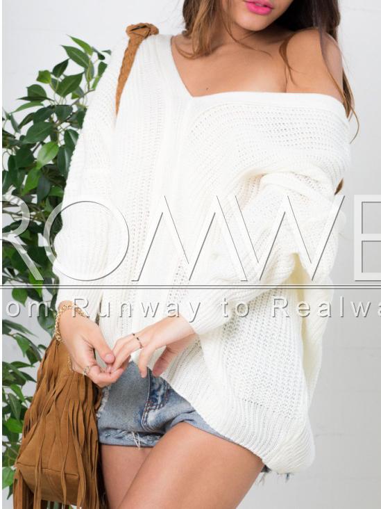 Romwe Beige V Neck Lace Up Sweater