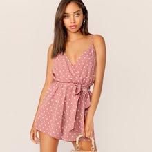 Romwe Polka Dot Wrap Belted Romper