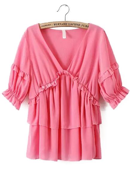 Romwe V Neck Half Sleeve Fungus Edge Pink Top