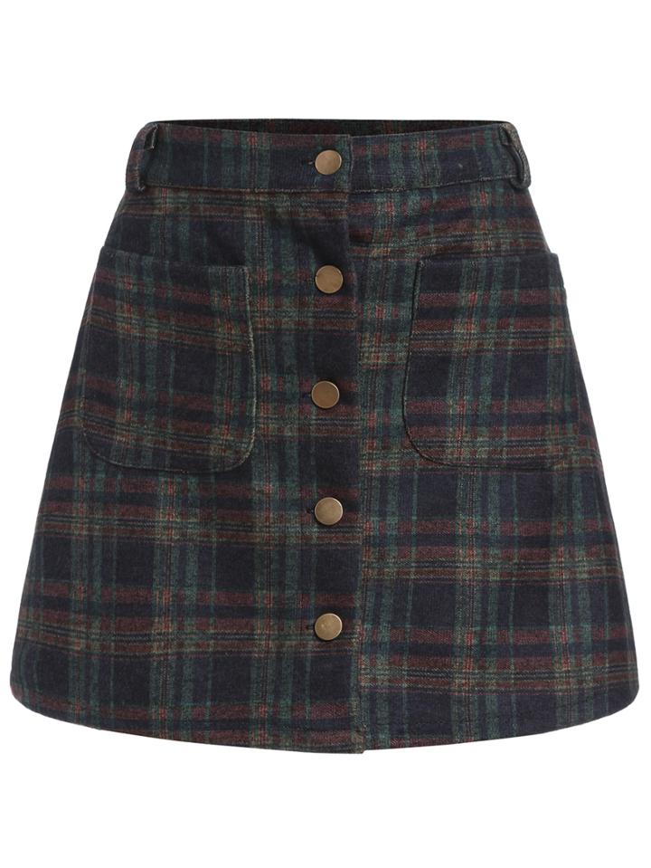 Romwe Checkered Pockets Buttons A-line Skirt