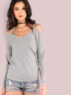 Romwe Grey Waffle Knit Cold Shoulder Dolman Sleeve T-shirt