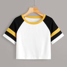 Romwe Varsity Striped Print Crop Baseball Tee