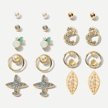 Romwe Leaf & Plane Stud & Hoop Earrings 9pairs