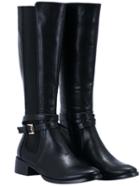 Romwe Black Buckle Strap Pu Tall Elastic Boots