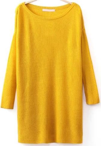 Romwe Yellow Long Sleeve Split Knit Sweater