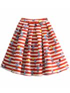 Romwe Red Zipper Side Stripe Print Flare Skirt
