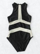 Romwe Contrast Mesh Design One Piece Swimwear