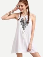 Romwe White Keyhole Tie Neck Embroidered Cami Dress
