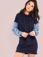 Romwe Oversized Frayed Denim Sleeve Hoodie Navy
