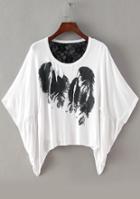 Romwe Ink Print Back Lace Insert White T-shirt