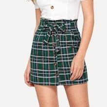 Romwe Paper Bag Waist Buttoned Plaid Skirt
