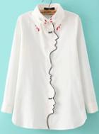 Romwe White Long Sleeve Hand Collar Embroidered Blouse