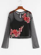 Romwe Black Embroidered Rose Applique Dotted Mesh Top With Cami
