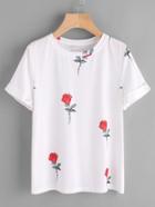 Romwe Cuffed Sleeve Rose Print T-shirt