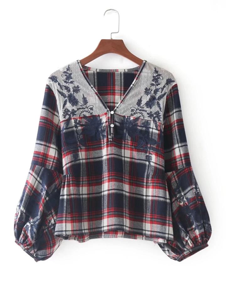 Romwe Mesh Panel Embroidered Check Blouse