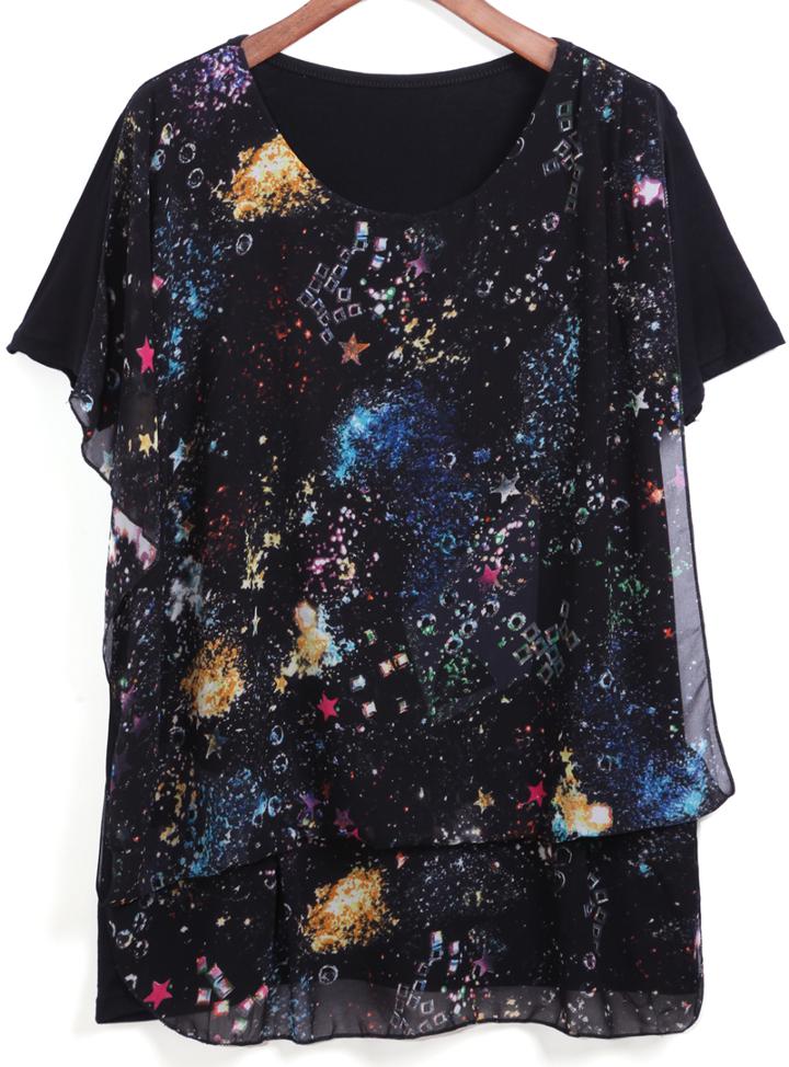 Romwe Short Sleeve Galaxy Print Top