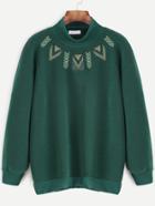 Romwe Green High Neck Embroidered Sweatshirt