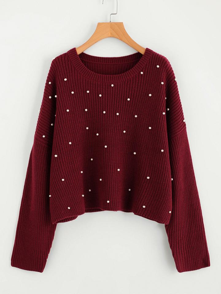 Romwe Drop Shoulder Pearl Beading Sweater