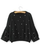 Romwe Black Puff Sleeve Ribbed Trim Beaded Sweater