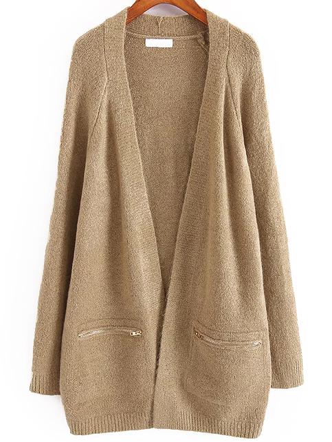 Romwe Raglan Sleeve Zipper Khaki Coat Sweater