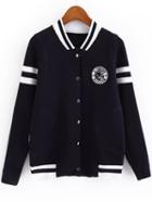 Romwe Contrast Collar Striped Trim Navy Coat