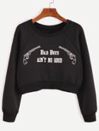 Romwe Black Print Raglan Sleeve Crop Sweatshirt