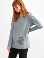 Romwe Pale Blue Ripped Crochet Insert T-shirt