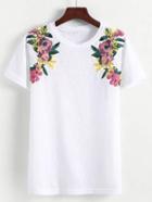 Romwe Flower Embroidered Shoulder Tee