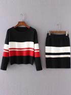 Romwe Black Color Block Drop Shoulder Sweater With Skirt
