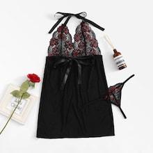 Romwe Plus Contrast Lace Dress Set