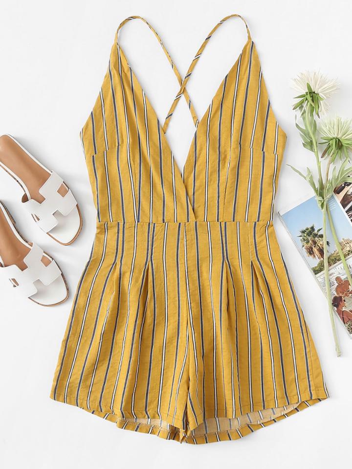 Romwe Criss Cross Back Striped Romper